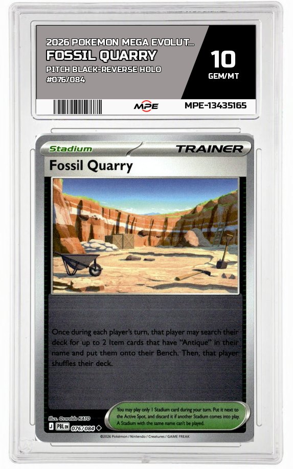 2026 POKEMON MEGA EVOLUTION PITCH BLACK-REVERSE HOLO #076/084 Fossil Quarry MPE 10 GEM/MT — graded card auctioned from the MPE vault