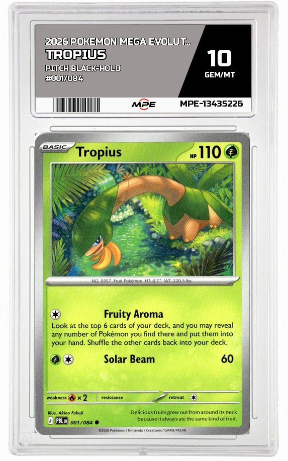 2026 POKEMON MEGA EVOLUTION PITCH BLACK-HOLO #001/084 Tropius MPE 10 GEM/MT — graded card auctioned from the MPE vault