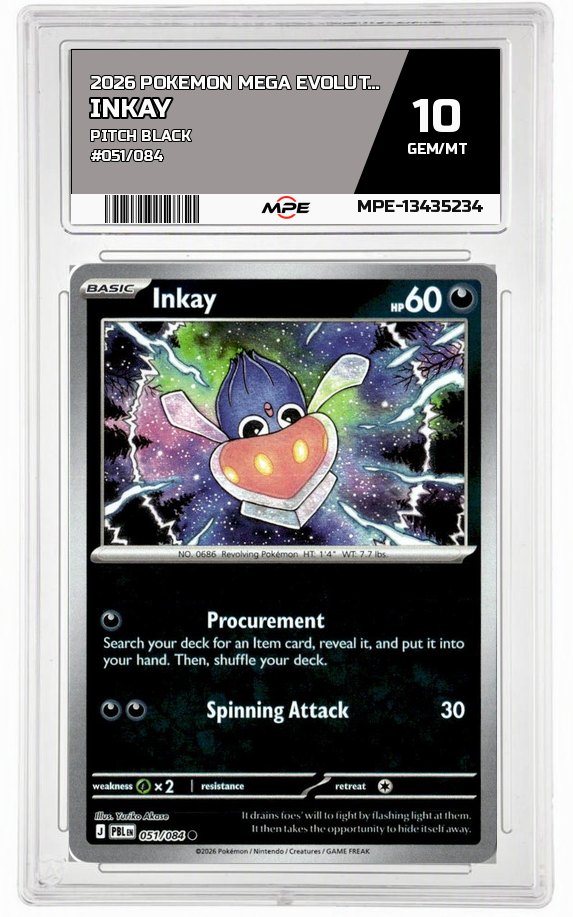 2026 POKEMON MEGA EVOLUTION PITCH BLACK #051/084 Inkay MPE 10 GEM/MT — graded card auctioned from the MPE vault