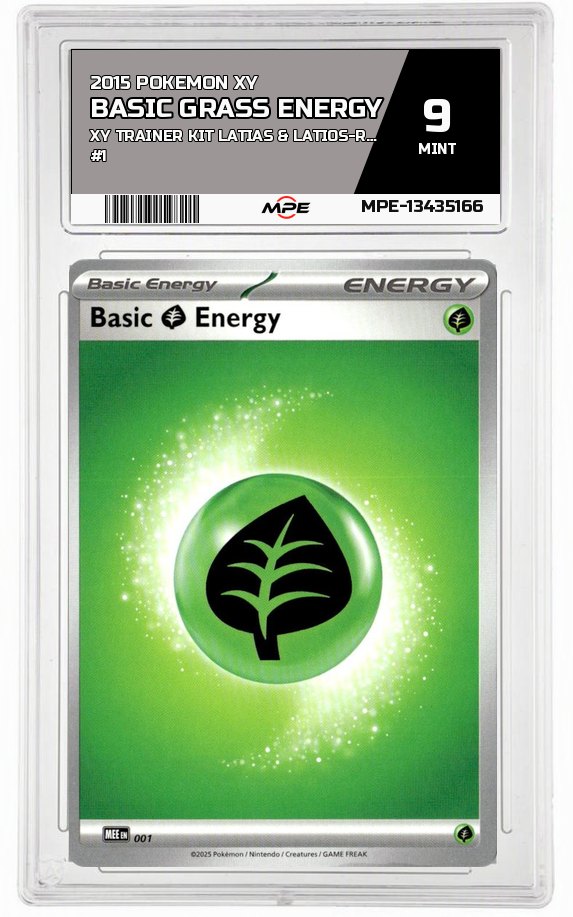 2015 POKEMON XY XY TRAINER KIT LATIAS & LATIOS-REVERSE HOLO #1 BASIC GRASS ENERGY MPE 9 MINT — graded card auctioned from the MPE vault
