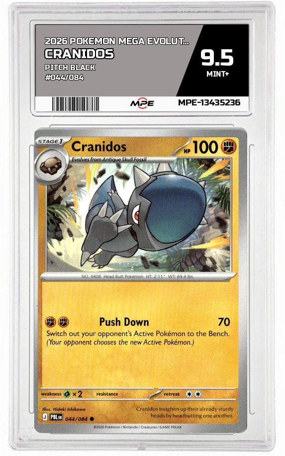 2026 POKEMON MEGA EVOLUTION PITCH BLACK #044/084 Cranidos MPE 9.5 MINT+ — graded card auctioned from the MPE vault