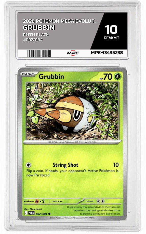 2026 POKEMON MEGA EVOLUTION PITCH BLACK #002/084 Grubbin MPE 10 GEM/MT — graded card auctioned from the MPE vault