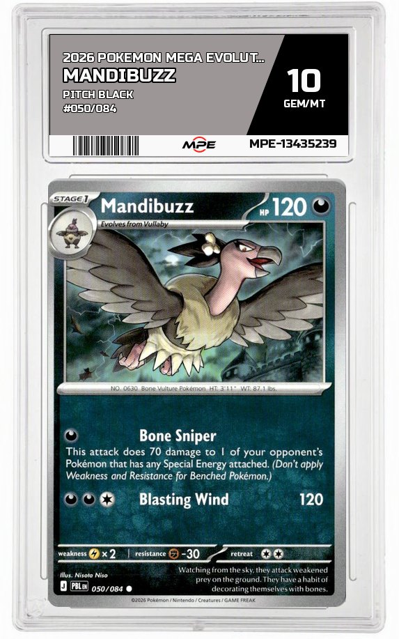 2026 POKEMON MEGA EVOLUTION PITCH BLACK #050/084 MANDIBUZZ MPE 10 GEM/MT — graded card auctioned from the MPE vault