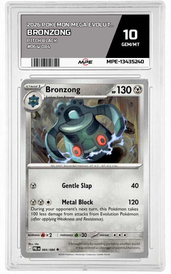 2026 POKEMON MEGA EVOLUTION PITCH BLACK #064/084 Bronzong MPE 10 GEM/MT — graded card auctioned from the MPE vault