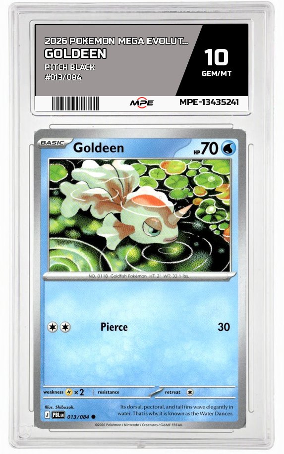2026 POKEMON MEGA EVOLUTION PITCH BLACK #013/084 GOLDEEN MPE 10 GEM/MT — graded card auctioned from the MPE vault