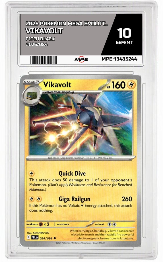 2026 POKEMON MEGA EVOLUTION PITCH BLACK #026/084 Vikavolt MPE 10 GEM/MT — graded card auctioned from the MPE vault