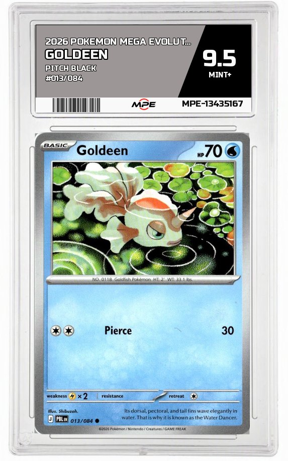 2026 POKEMON MEGA EVOLUTION PITCH BLACK #013/084 Goldeen MPE 9.5 MINT+ — graded card auctioned from the MPE vault