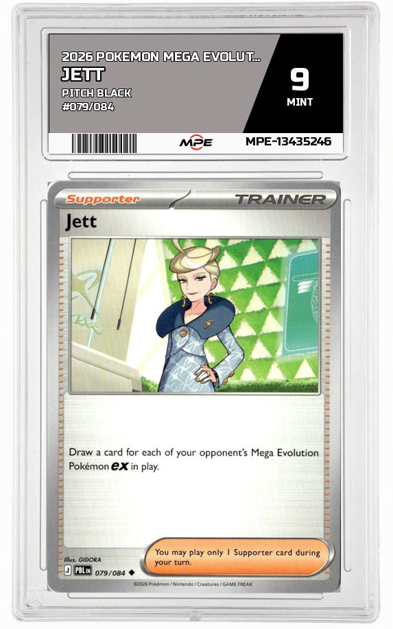 2026 POKEMON MEGA EVOLUTION PITCH BLACK #079/084 Jett MPE 9 MINT — graded card auctioned from the MPE vault