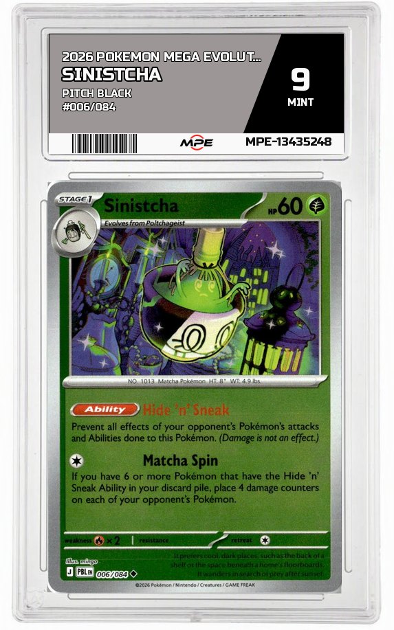 2026 POKEMON MEGA EVOLUTION PITCH BLACK #006/084 Sinistcha MPE 9 MINT — graded card auctioned from the MPE vault