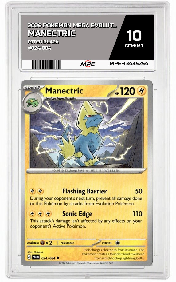 2026 POKEMON MEGA EVOLUTION PITCH BLACK #024/084 Manectric MPE 10 GEM/MT — graded card auctioned from the MPE vault