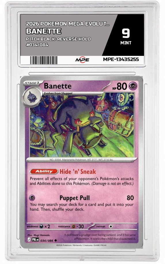 2026 POKEMON MEGA EVOLUTION PITCH BLACK-REVERSE HOLO #034/084 BANETTE MPE 9 MINT — graded card auctioned from the MPE vault