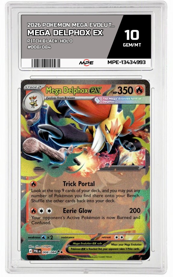 2026 POKEMON MEGA EVOLUTION PITCH BLACK-HOLO #008/084 MEGA DELPHOX EX MPE 10 GEM/MT — graded card auctioned from the MPE vault
