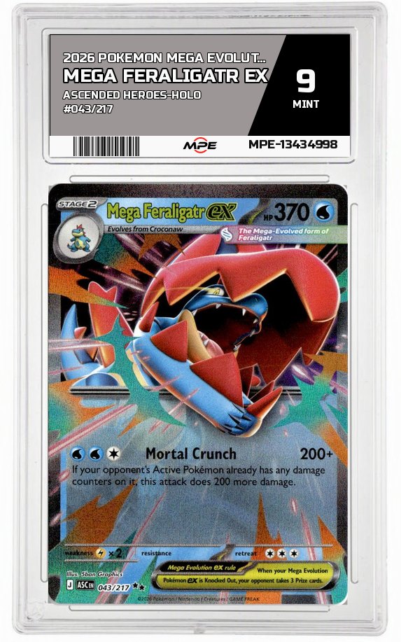 2026 POKEMON MEGA EVOLUTION ASCENDED HEROES-HOLO #043/217 MEGA FERALIGATR EX MPE 9 MINT — graded card auctioned from the MPE vault