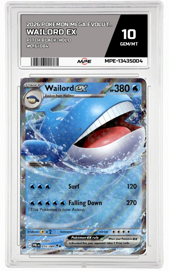2026 POKEMON MEGA EVOLUTION PITCH BLACK-HOLO #016/084 WAILORD EX MPE 10 GEM/MT — graded card auctioned from the MPE vault