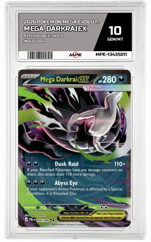 2026 POKEMON MEGA EVOLUTION PITCH BLACK-HOLO #048/084 Mega DarkraiEX MPE 10 GEM/MT — graded card auctioned from the MPE vault