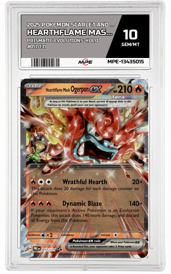 2025 POKEMON SCARLET AND VIOLET PRISMATIC EVOLUTIONS-HOLO #017/131 Hearthflame Mask OgerponEX MPE 10 GEM/MT — graded card auctioned from the MPE vault