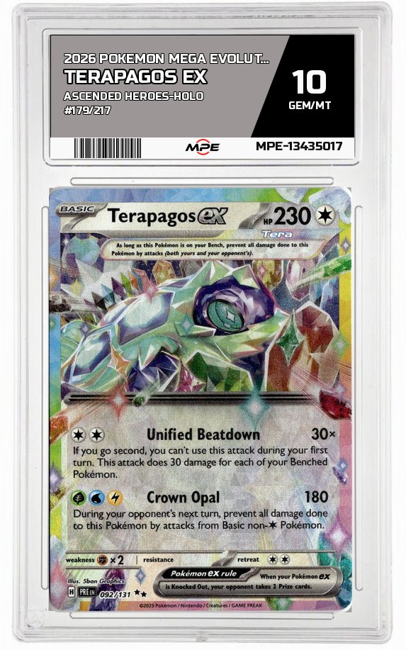 2026 POKEMON MEGA EVOLUTION ASCENDED HEROES-HOLO #179/217 TERAPAGOS EX MPE 10 GEM/MT — graded card auctioned from the MPE vault