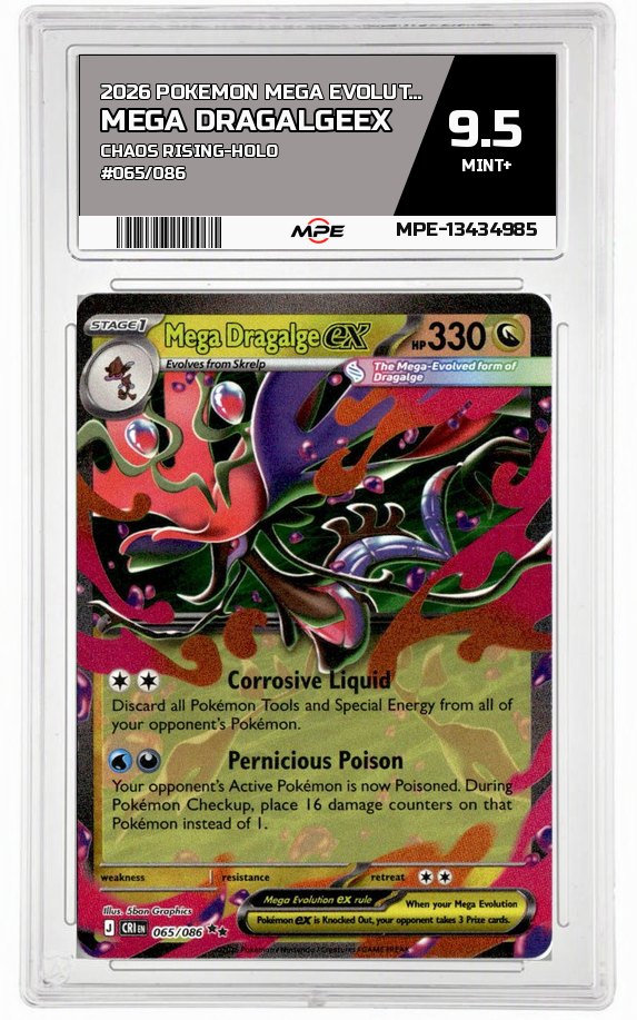 2026 POKEMON MEGA EVOLUTION CHAOS RISING-HOLO #065/086 Mega DragalgeEX MPE 9.5 MINT+ — graded card auctioned from the MPE vault