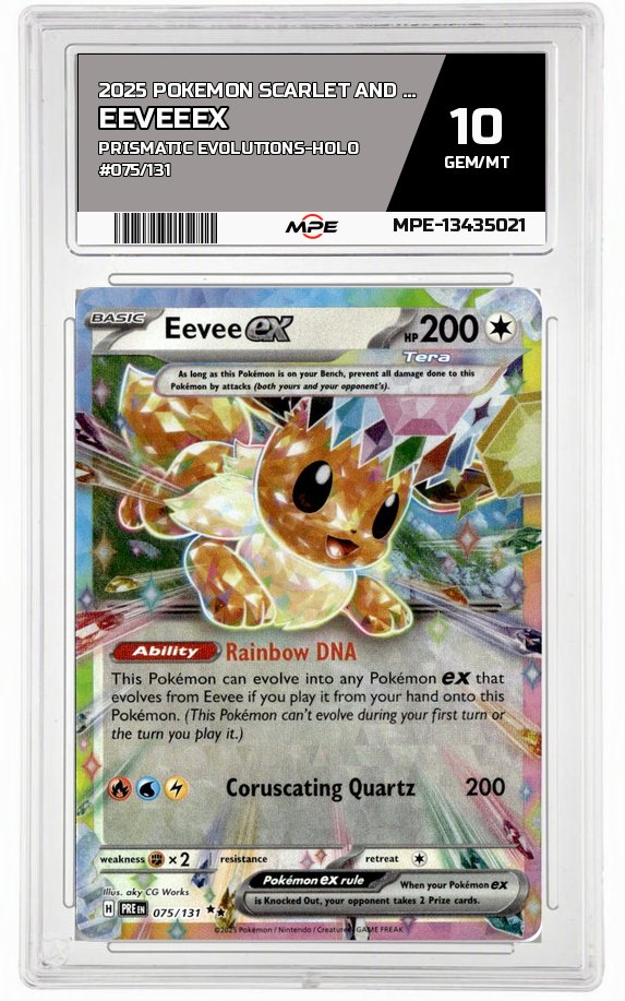 2025 POKEMON SCARLET AND VIOLET PRISMATIC EVOLUTIONS-HOLO #075/131 EeveeEX MPE 10 GEM/MT — graded card auctioned from the MPE vault
