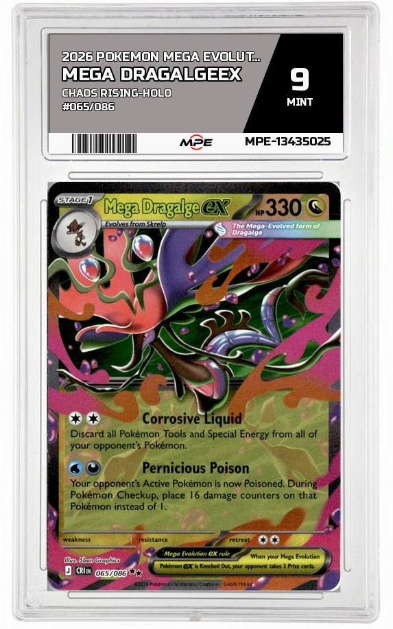 2026 POKEMON MEGA EVOLUTION CHAOS RISING-HOLO #065/086 Mega DragalgeEX MPE 9 MINT — graded card auctioned from the MPE vault