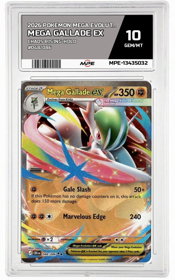 2026 POKEMON MEGA EVOLUTION CHAOS RISING-HOLO #048/086 MEGA GALLADE EX MPE 10 GEM/MT — graded card auctioned from the MPE vault