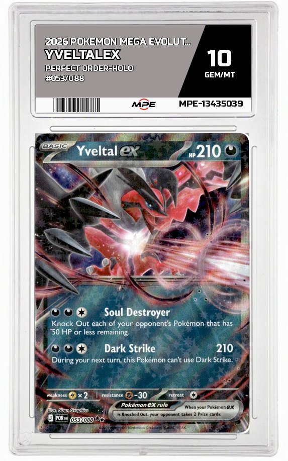 2026 POKEMON MEGA EVOLUTION PERFECT ORDER-HOLO #053/088 YveltalEX MPE 10 GEM/MT — graded card auctioned from the MPE vault
