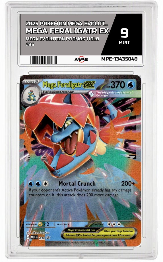 2025 POKEMON MEGA EVOLUTION MEGA EVOLUTION PROMOS-HOLO #36 MEGA FERALIGATR EX MPE 9 MINT — graded card auctioned from the MPE vault