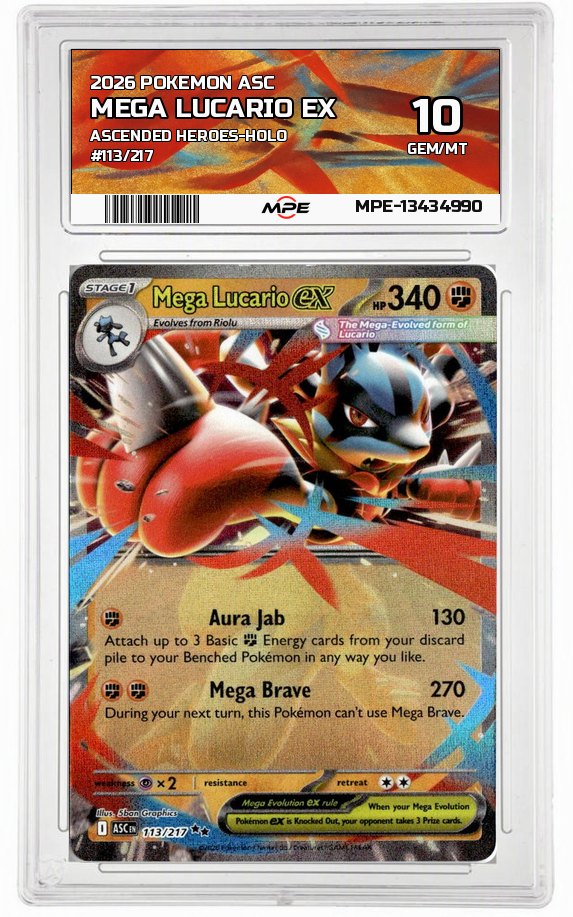 2026 POKEMON ASC ASCENDED HEROES-HOLO #113/217 MEGA LUCARIO EX MPE 10 GEM/MT — graded card up for auction