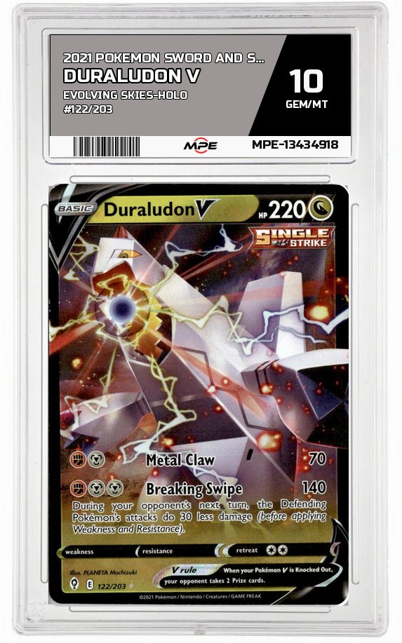 2021 POKEMON SWORD AND SHIELD EVOLVING SKIES-HOLO #122/203 DURALUDON V MPE 10 GEM/MT — graded card auctioned from the MPE vault