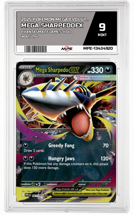 2025 POKEMON MEGA EVOLUTION PHANTASMAL FLAMES-HOLO #061/094 Mega SharpedoEX MPE 9 MINT — graded card auctioned from the MPE vault