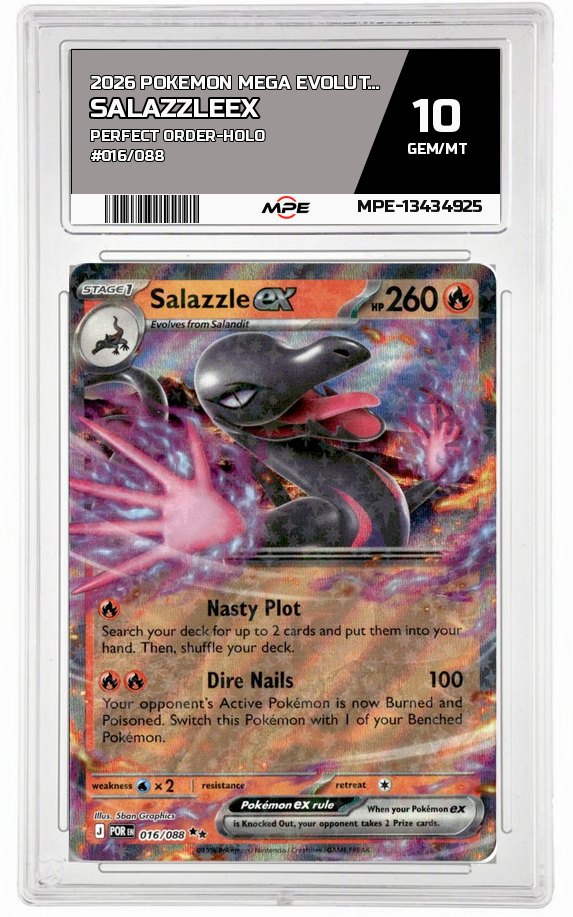 2026 POKEMON MEGA EVOLUTION PERFECT ORDER-HOLO #016/088 SalazzleEX MPE 10 GEM/MT — graded card auctioned from the MPE vault