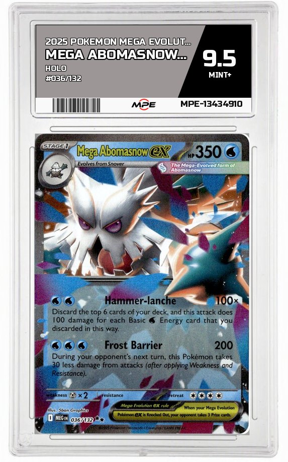 2025 POKEMON MEGA EVOLUTION HOLO #036/132 Mega AbomasnowEX MPE 9.5 MINT+ — graded card auctioned from the MPE vault
