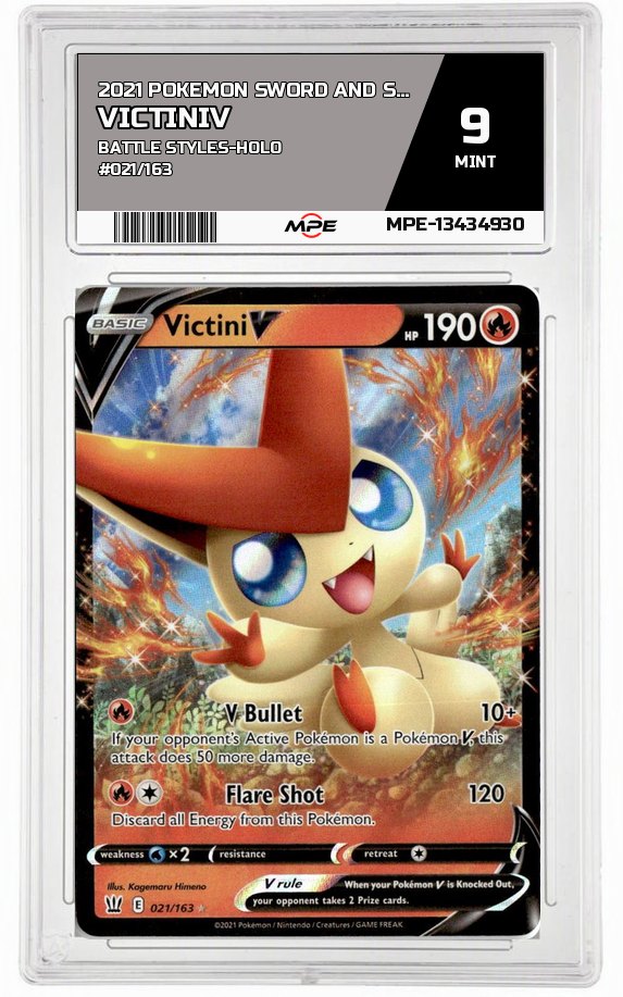 2021 POKEMON SWORD AND SHIELD BATTLE STYLES-HOLO #021/163 VictiniV MPE 9 MINT — graded card auctioned from the MPE vault