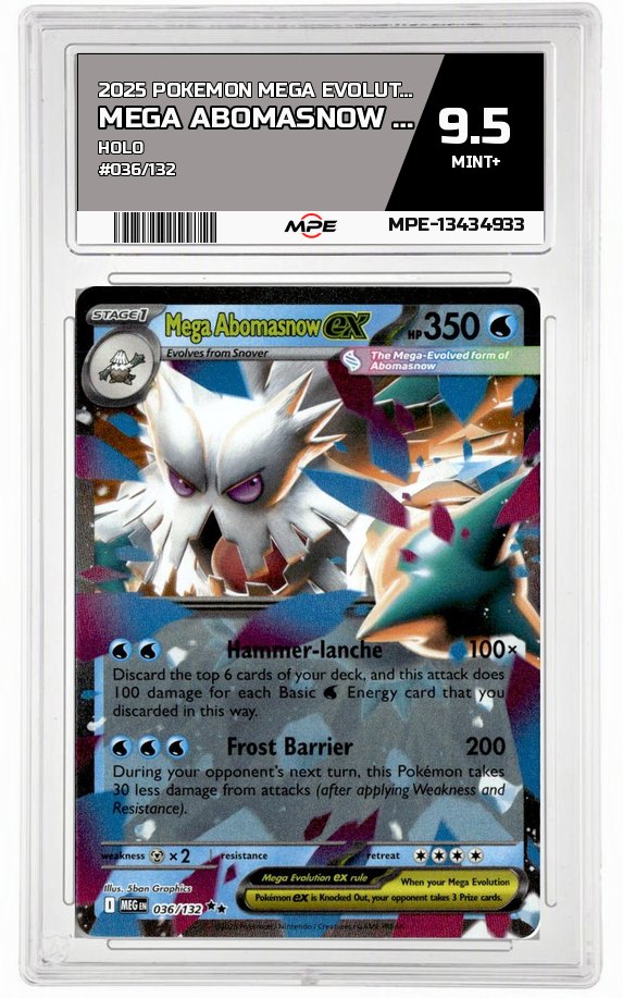 2025 POKEMON MEGA EVOLUTION HOLO #036/132 MEGA ABOMASNOW EX MPE 9.5 MINT+ — graded card auctioned from the MPE vault