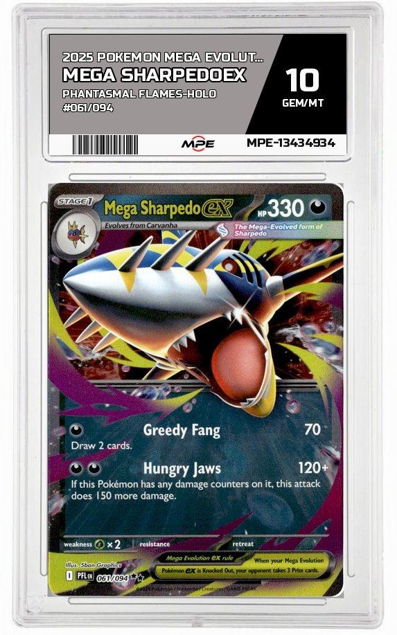 2025 POKEMON MEGA EVOLUTION PHANTASMAL FLAMES-HOLO #061/094 Mega SharpedoEX MPE 10 GEM/MT — graded card auctioned from the MPE vault