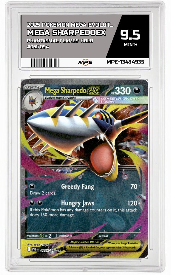 2025 POKEMON MEGA EVOLUTION PHANTASMAL FLAMES-HOLO #061/094 Mega SharpedoEX MPE 9.5 MINT+ — graded card auctioned from the MPE vault