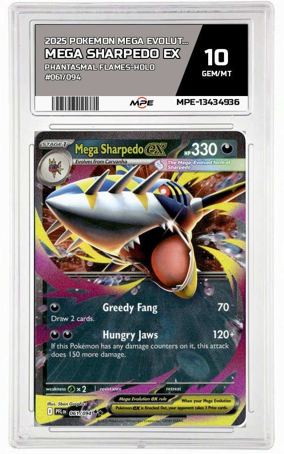 2025 POKEMON MEGA EVOLUTION PHANTASMAL FLAMES-HOLO #061/094 MEGA SHARPEDO EX MPE 10 GEM/MT — graded card auctioned from the MPE vault