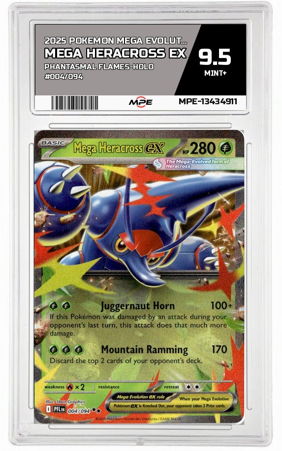 2025 POKEMON MEGA EVOLUTION PHANTASMAL FLAMES-HOLO #004/094 MEGA HERACROSS EX MPE 9.5 MINT+ — graded card auctioned from the MPE vault
