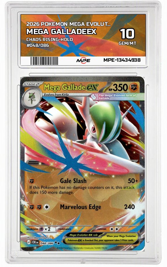 2026 POKEMON MEGA EVOLUTION CHAOS RISING-HOLO #048/086 Mega GalladeEX MPE 10 GEM/MT — graded card auctioned from the MPE vault
