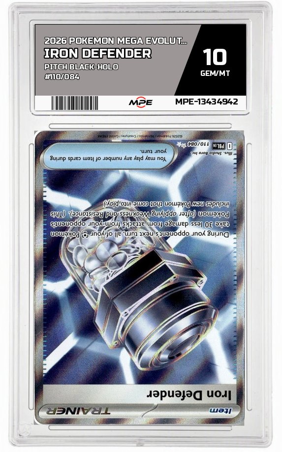 2026 POKEMON MEGA EVOLUTION PITCH BLACK-HOLO #110/084 Iron Defender MPE 10 GEM/MT — graded card auctioned from the MPE vault