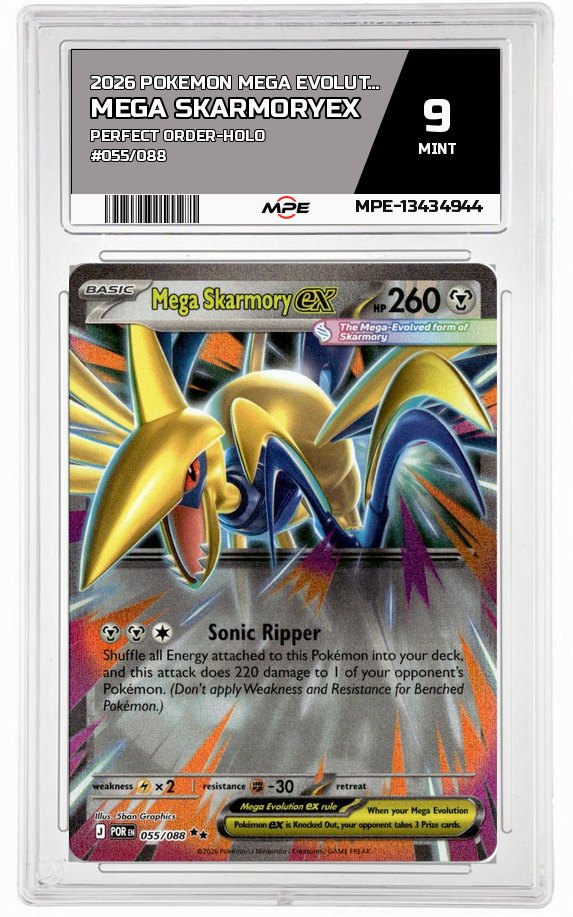 2026 POKEMON MEGA EVOLUTION PERFECT ORDER-HOLO #055/088 Mega SkarmoryEX MPE 9 MINT — graded card auctioned from the MPE vault