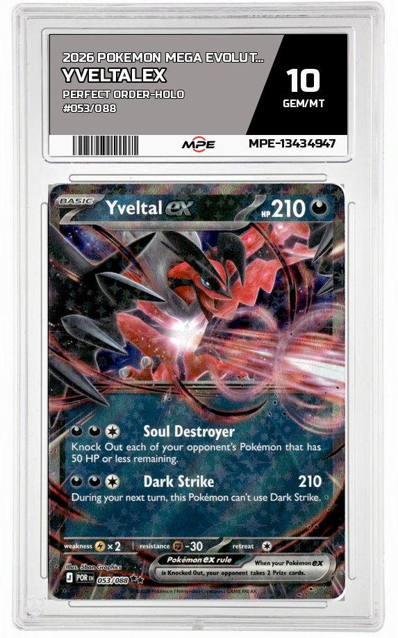 2026 POKEMON MEGA EVOLUTION PERFECT ORDER-HOLO #053/088 YveltalEX MPE 10 GEM/MT — graded card auctioned from the MPE vault