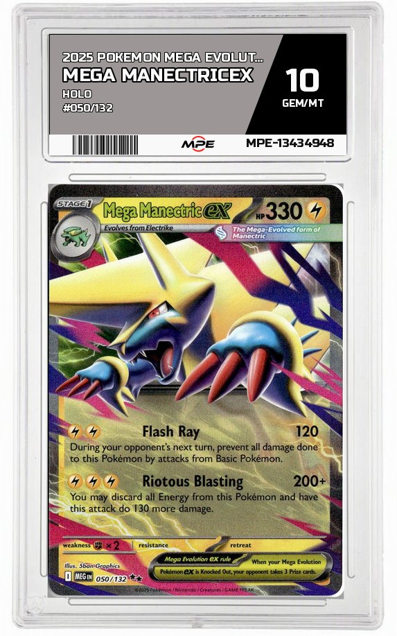 2025 POKEMON MEGA EVOLUTION HOLO #050/132 Mega ManectricEX MPE 10 GEM/MT — graded card auctioned from the MPE vault