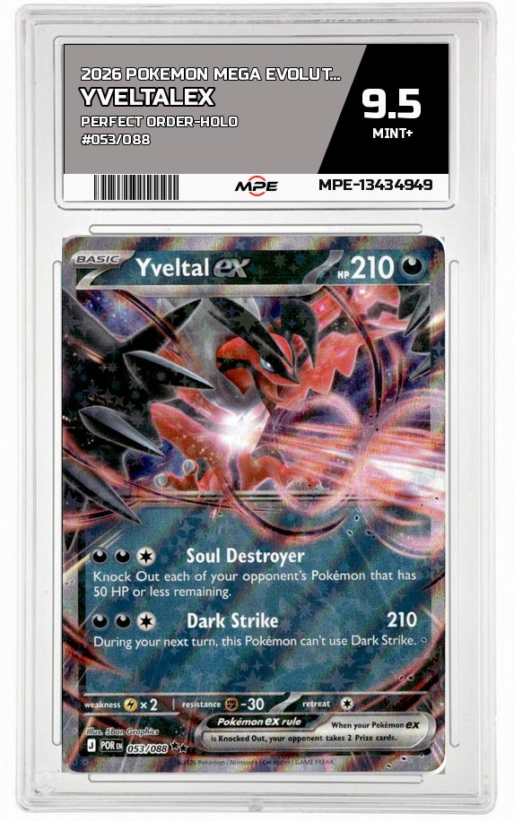 2026 POKEMON MEGA EVOLUTION PERFECT ORDER-HOLO #053/088 YveltalEX MPE 9.5 MINT+ — graded card auctioned from the MPE vault