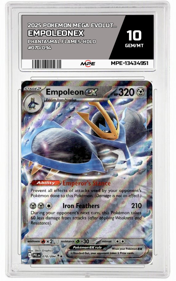 2025 POKEMON MEGA EVOLUTION PHANTASMAL FLAMES-HOLO #070/094 EmpoleonEX MPE 10 GEM/MT — graded card auctioned from the MPE vault