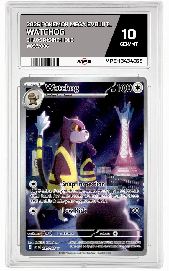 2026 POKEMON MEGA EVOLUTION CHAOS RISING-HOLO #097/086 Watchog MPE 10 GEM/MT — graded card auctioned from the MPE vault