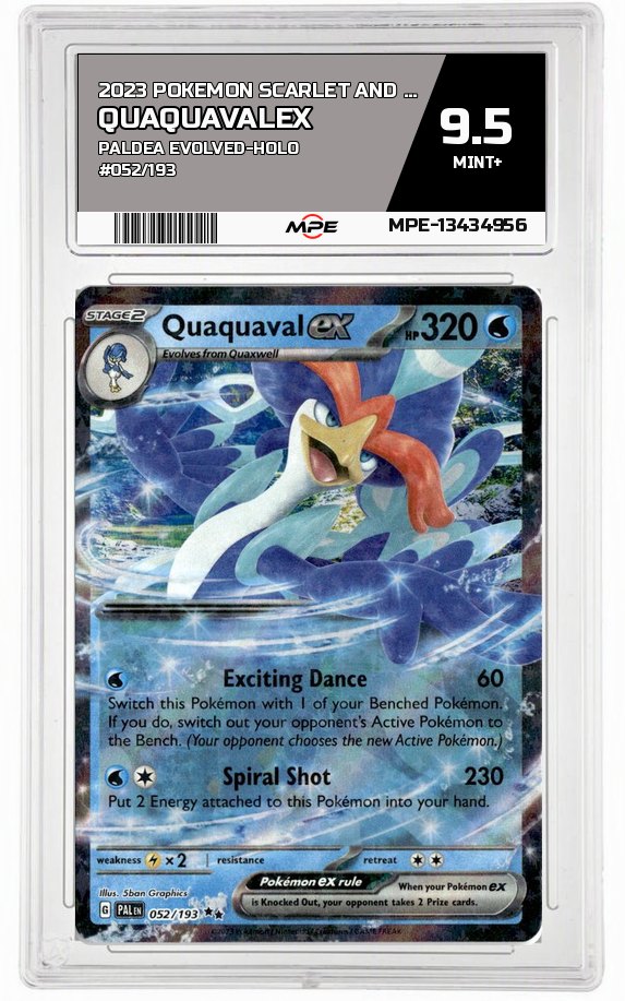 2023 POKEMON SCARLET AND VIOLET PALDEA EVOLVED-HOLO #052/193 QuaquavalEX MPE 9.5 MINT+ — graded card auctioned from the MPE vault