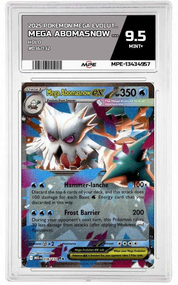2025 POKEMON MEGA EVOLUTION HOLO #036/132 MEGA ABOMASNOW EX MPE 9.5 MINT+ — graded card auctioned from the MPE vault