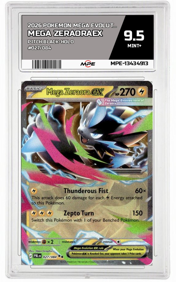 2026 POKEMON MEGA EVOLUTION PITCH BLACK-HOLO #027/084 Mega ZeraoraEX MPE 9.5 MINT+ — graded card auctioned from the MPE vault