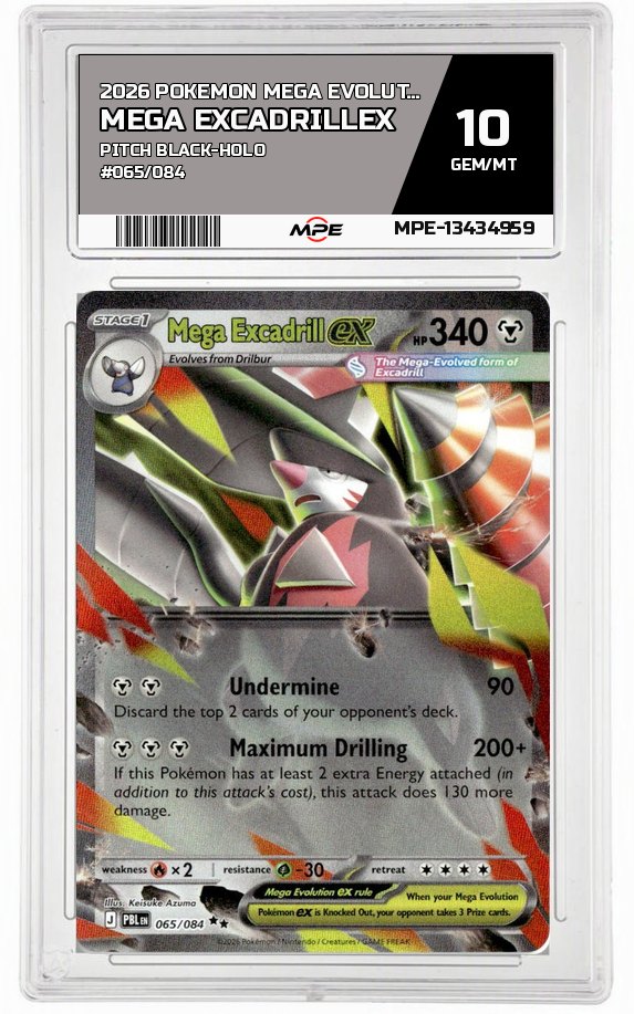 2026 POKEMON MEGA EVOLUTION PITCH BLACK-HOLO #065/084 Mega ExcadrillEX MPE 10 GEM/MT — graded card auctioned from the MPE vault